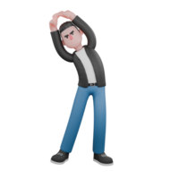 Animated Music Character in 3D. A male musician is standing and raising both his hands straight up, touching each other, and his body is bent to the right. Singing Talent png