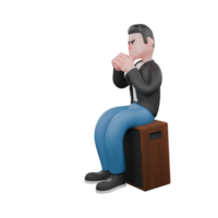 Cartoon 3D Character of Music Performer. A male musician sits on a speaker while clasping his hands in front of his chin. Singing Artist png