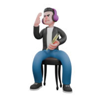 A male musician sits on a small chair listening to headphones while turning to the right and his left hand holds a sheet of paper while his right palm is raised in front of his face. png