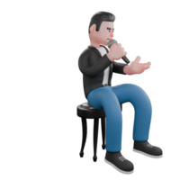3D Music Star Character. A musician sits on a chair with his right hand holding a microphone while extending his left palm forward. Music Performer png