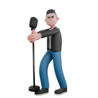 3D Musician in Cartoon Style. A male musician stands with his head facing to the left while both hands are holding a microphone stand. Performance Character png