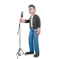 Musician 3D Character Design. A male musician standing in front of microphone stand, right hand holding microphone stand with angry expression. Singing Talent png
