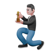 3D Music Artist Character. A male musician kneels while both hands show the trophy he is carrying. Animated Performer png