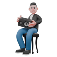 Music Performer Character in 3D. A male musician sits on a small chair with both hands holding a small loudspeaker. Vocal Talent png
