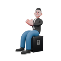 3D Cartoon Music Star. A male musician sits in front of a speaker with both hands clenched in front of his chest with a happy expression. Cartoon Performer png