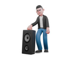 3D Character of Music Performer. A male musician stands next to a loudspeaker with an annoyed expression and his right hand clenched on top of the loudspeaker. Vocal Talent png