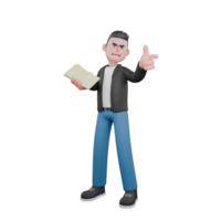 Cartoon Musician in 3D Design. A male musician stands with his right hand holding a sheet of paper and his left hand points forward with an annoyed expression. Music Star png
