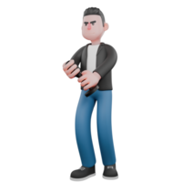 3D Animated Music Star Character. A male musician stands while holding a microphone in both hands. Vocal Performer Design png