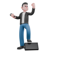 3D Model of Cartoon Musician. A male musician stands with his left hand clenched and his right hand carrying a microphone, while his left foot is on a lamp. Vocalist Style png