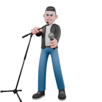 Cartoon Music Artist Model. A male musician stands while his right hand holds a microphone stand whose mic has been removed and held with his left hand. Singing Performer png