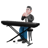 Illustrated 3D Music Performer. A musician sits on a chair with both hands clasped, while in front of him is an electric piano. Creative Cartoon png