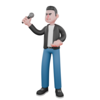 Music Performer Character in 3D. A male musician stands with his right hand holding a microphone slightly raised to the side while his left hand is beside his plate. Animated Style png
