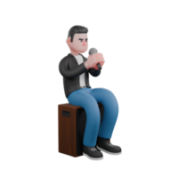 3D Animated Music Artist. A male musician sits on a speaker with both hands holding a microphone. Performance Character png