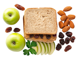 lunchbox with almond butter and raisin sandwich, fresh green apples, and almonds on isolated background png