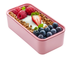 lunchbox with yogurt, granola, fresh raspberries, strawberries, and blueberries for a healthy breakfast on isolated background png