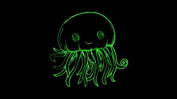 Neon frame effect, Jellyfish jellyfish with long, flowing tentacles and a friendly face on black background video