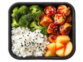 bento-style lunchbox with rice teriyaki chicken steamed broccoli and fruit in black container on isolated background png