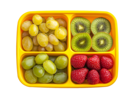 fresh fruit lunchbox with strawberries, grapes, and kiwi slices on isolated background png