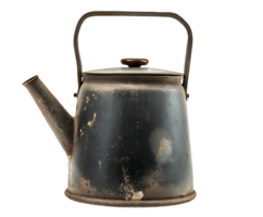 vintage iron kettle with wooden handle and spout distressed rustic look on isolated background png