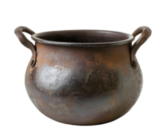 ancient iron cauldron with curved handles, antique rustic pot for cooking and storage on isolated background png