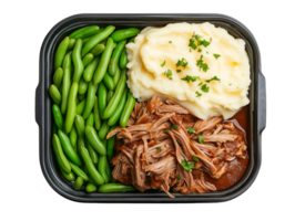 hearty lunchbox with pulled pork mashed potatoes and green beans on isolated background png