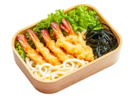 bento lunchbox with udon noodles tempura shrimp seaweed and lettuce in bamboo container on isolated background png