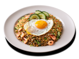 Nasi Goreng Fragrant wok fried rice with shrimp chicken and vegetables topped with fried egg png