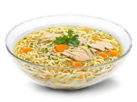 Chicken noodle soup clear broth and tender noodles in a transparent glass soup bowl comforting png
