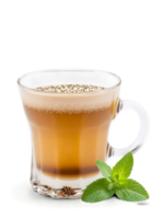 Iraqi Chai in clear glass garnished with few cardamom pods and sprig of green mint png