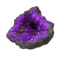 Vibrant amethyst geode, showcasing its deep purple crystals. Geode rock on transparent background. Ideal for geological, mystical, or decorative themes. png