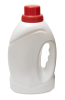 White blank plastic detergent bottle with red cap and side handle. This container is ideal for packaging liquid laundry detergent, fabric softener, or other household cleaning solutions png