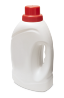 White blank plastic detergent bottle with red cap and side handle. This container is ideal for packaging liquid laundry detergent, fabric softener png