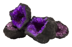 Group of vibrant geodes, on transparent background. Geode rock, stone. Deep purple hues and natural textures png