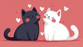 Two black and white cats are kissing on a pink background. Loop animation video