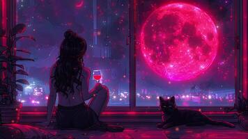 A girl with a glass of wine and a cat look out the window at the moon. Lofi. Loop animation video