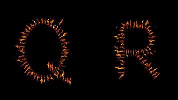 Q R text. real fire flaming in slow motion. video