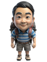 3d rendering style, fun, Big eye, big head of a asian guy with In a set of tourists' backpacks, isolated on a transparent background png