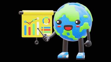 3D Earth Character Doing Presentation With Bar Chart Showing Growth Suitable For Business And Finance Concepts.Transparent Background. Alpha Background video