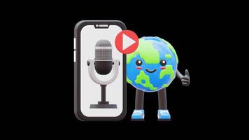 3d Erde Charakter zeigen Podcast Anwendung geeignet zum Digital Medien und Rundfunk- Konzepte.transparent Hintergrund. Alpha Hintergrund video