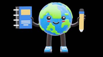 3D Earth Character Holding Textbook And Pencil Suitable For Education And Learning Concepts.Transparent Background. Alpha Background.Transparent Background. Alpha Background video