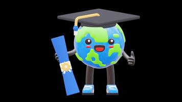 3D Earth Character Wearing Graduation Cap Holding Diploma Suitable For Education And Success Concepts.Transparent Background. Alpha Background video