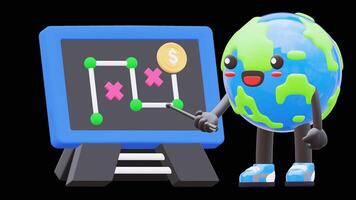 3D Earth Character Explaining Business Strategy On Chalkboard Suitable For Business Presentation And Educational Content.Transparent Background. Alpha Background video