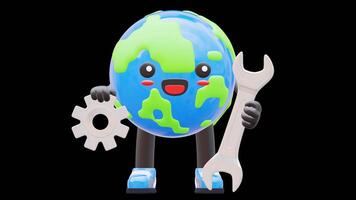 3D Earth Character Holding Wrench And Gear For Maintenance And Technical Support Suitable For Business And Technical Concepts.Transparent Background. Alpha Background video