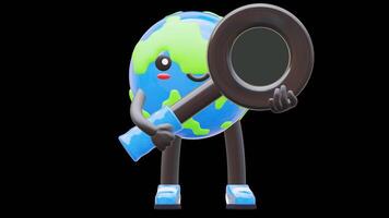 3D Earth Character Holding Magnifying Glass For Research And Analysis Suitable For Business Marketing And Exploration Themes.Transparent Background. Alpha Background video
