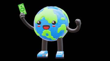 3D Earth Character Holding Money Symbolizing Wealth Success Suitable For Business Financial And Marketing Content.Transparent Background. Alpha Background video