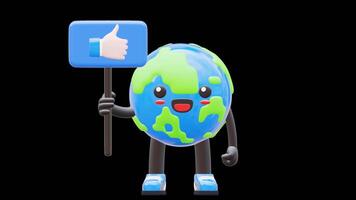 3D Earth Character Holding Thumbs Up Like Board Symbolizing Approval And Agreement Suitable For Social Media Marketing And Feedback Concepts.Transparent Background. Alpha Background video