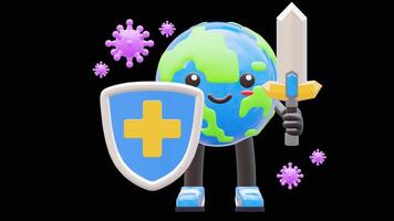 3D Earth Character With Sword And Shield Fighting Virus Suitable For Health Campaigns And Educational Content.Transparent Background. Alpha Background video