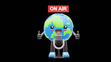 3D Earth Character On Air With Microphone Suitable For Live Broadcasting And Radio Concepts.Transparent Background. Alpha Background video