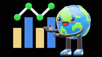 3D Earth Character Explaining Business Chart Suitable For Financial Presentations And Business Planning Concepts.Transparent Background. Alpha Background video
