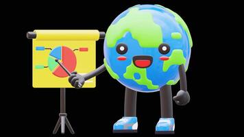 3D Earth Character Giving Presentation With Chart Board Suitable For Business Analysis And Marketing Strategies.Transparent Background. Alpha Background video